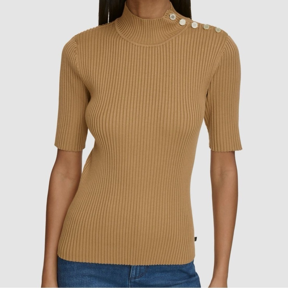 Karl Lagerfeld Paris Camel Ribbed Button-Shoulder Sweater Top Size L Large